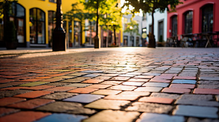 Sunlight casting shadows on mosaic sidewalk, showcasing intricate patterns in city pavement textureの素材