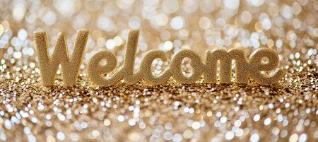 Welcome to the captivating world with a magical background and golden text saying  welcomeの素材