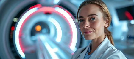 Patient fully prepared and eagerly waiting for precise mri procedure in modern hospital settingの素材