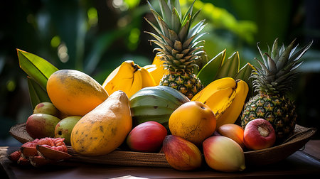 Exotic fruits exhibit with vibrant lighting, showcasing unique textures and colors.の素材