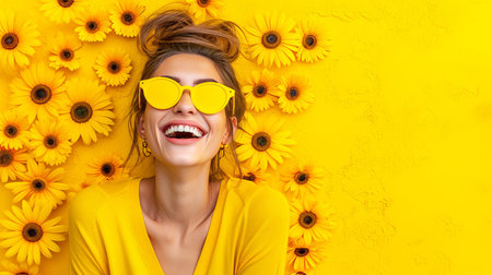 Happy professional business woman in glasses looking at job opportunities and business servicesの素材