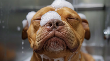 Adorable dog showering with shampoo in grooming salon, funny pet bath time portraitの素材