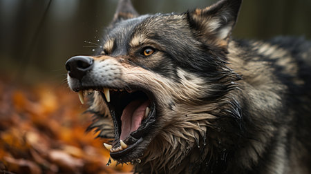 Close up portrait of a wild dog howling in the wilderness, natural animal behavior in the wildの素材