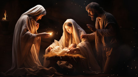 Christmas nativity scene with mary, joseph, and baby jesus in an old barn   birth of christ childの素材