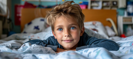 Happy child in white patient gown resting on hospital bed with empty space for textの素材