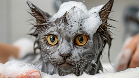 Playful and adorable wet cat enjoying a bath with a girl in a cozy grooming salonの素材