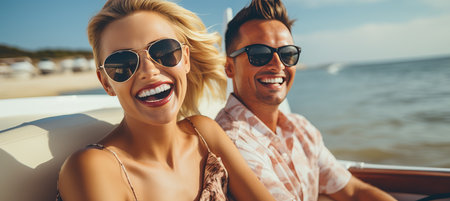 Happy couple in convertible car on city street, summer vacation and travel conceptの素材