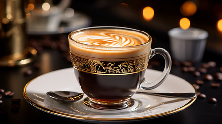 Steaming espresso with vibrant gold and amber hues, intricate crema patternsclose up shot.の素材