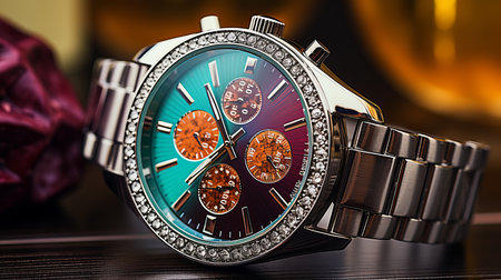 Vibrant and detailed close up of stylish, sparkling wristwatch under bright studio lightingの素材