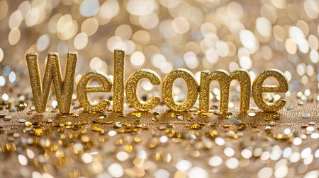 Welcome to a magical world  greeting card with bokeh sparkles and golden  welcome  textの素材
