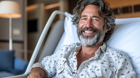 Cheerful patient in white hospital gown lying on bed with positive attitude and smilingの素材