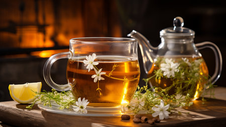 Relaxing and refreshing composition of chamomile tea and daisies with ample space for text placementの素材