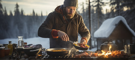 Young man cooking in snowy forest winter camp with tent   survival and people conceptの素材