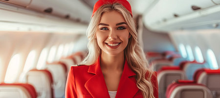 Confident female flight attendant in uniform standing in a blurred aircraft cabin backgroundの素材