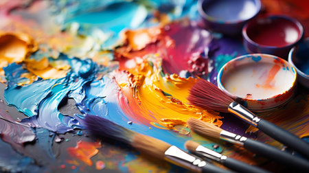 Dynamic paintbrushes and vibrant palette  detailed shot of artist s tools illuminatの素材