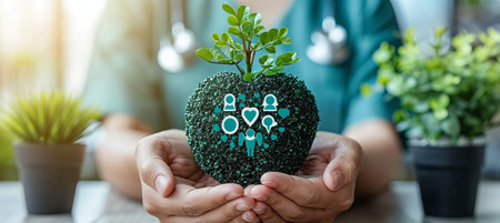 Healthcare access  hands holding medical icons for insurance, welfare, and quality services.の素材