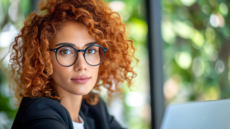 Creative young woman working on laptop in her cozy home studio with modern decorの素材