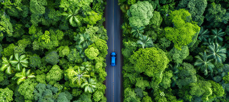 Aerial view of car driving on winding asphalt road through lush green rainforest landscapeの素材