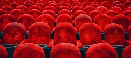 Close up of empty red velvet theater chairs in a dimly lit theater, awaiting the audience to arriveの素材