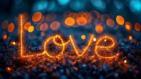 Enchanting postcard with magical bokeh sparkles background and golden text  loveの素材