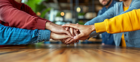 Diverse business team unity   hands together on blurred background with copy spaceの素材