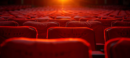 Close up of rows of empty red velvet theater chairs in a dimly lit auditorium settingの素材