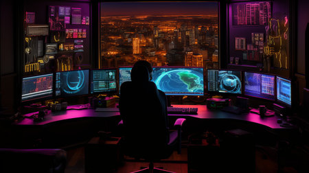 Modern software developer immersed in sleek workspace with tech gadgets and code linesの素材