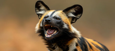 Close up portrait of a majestic howling wild dog with ample space for text or design placementの素材
