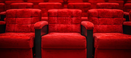 Detailed close up of empty rows of theater chairs with soft lighting in an auditoriumの素材
