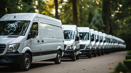 Clean parking lot with white delivery vans, clear visibility, and ample space for parking.の素材