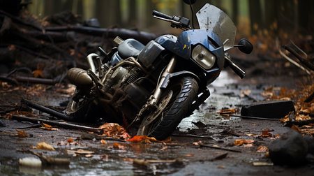 Close up of motorcycle accident on road with damaged bike and emergency response personnelの素材