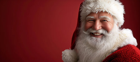 Cheerful santa claus with humor, on red background, ideal for text placement and festive designs.の素材