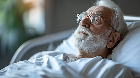 Cheerful man in white patient gown lying comfortably on hospital bed with a smile on his faceの素材