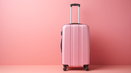 Pink suitcase for travel vacation concept with minimal style and empty space on pink backgroundの素材