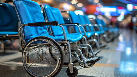 Abandoned wheelchairs in the spacious hospital corridor with no patients in sightの素材