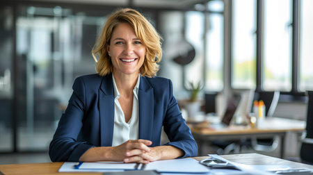 Cheerful middle aged businesswoman in blue suit working on laptop at office deskの素材