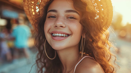 Close up portrait of a beautiful young girl with a radiant smile and braces on her teethの素材