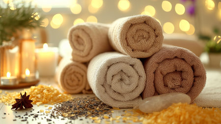 Spa setting with towels, herbal bags, and beauty items for relaxation and self careの素材