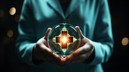 Health insurance and medical welfare concept  hands holding medical icon for healthcare accessの素材