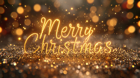 Festive merry christmas postcard with golden text on magical bokeh sparkles backgroundの素材