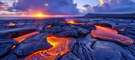 Majestic and awe inspiring lava flow cascading down the slopes after a powerful volcanic eruptionの素材