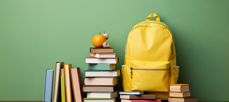 School backpack with books and supplies on green background, back to school concept with copy space.の素材