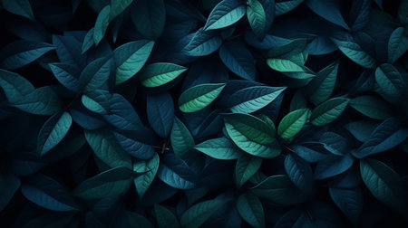 Dark blue tropical leaf background with textured leavesflat lay concept with copy space for design.の素材