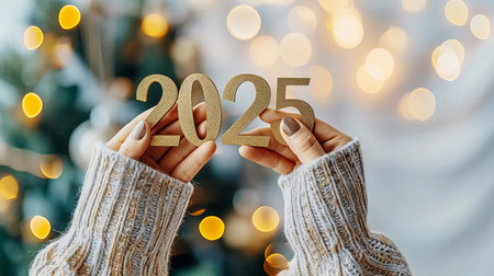 Golden metallic 2025 symbol on white background, modern minimalistic style with copy spaceの素材