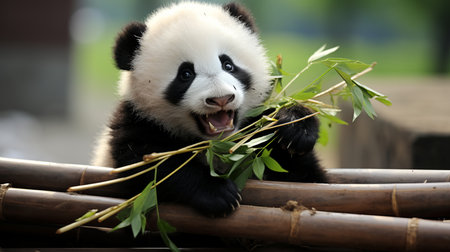 Adorable panda bear happily munching on fresh bamboo stalks in a lush green forestの素材