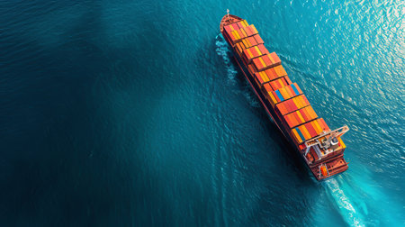 Container cargo ship sailing on sea   aerial view, maritime transportation conceptの素材