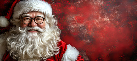Energetic santa claus with wild expression on red background, ideal for text placementの素材