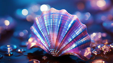 Lustrous seashell close up with vibrant patterns and iridescent colors in natural lightの素材