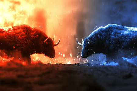 Candlestick stock graph chart illustrating bull vs bear concept for traders and investors.の素材