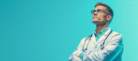 Experienced male doctor with stethoscope in hospital, isolated on pastel backgroundの素材